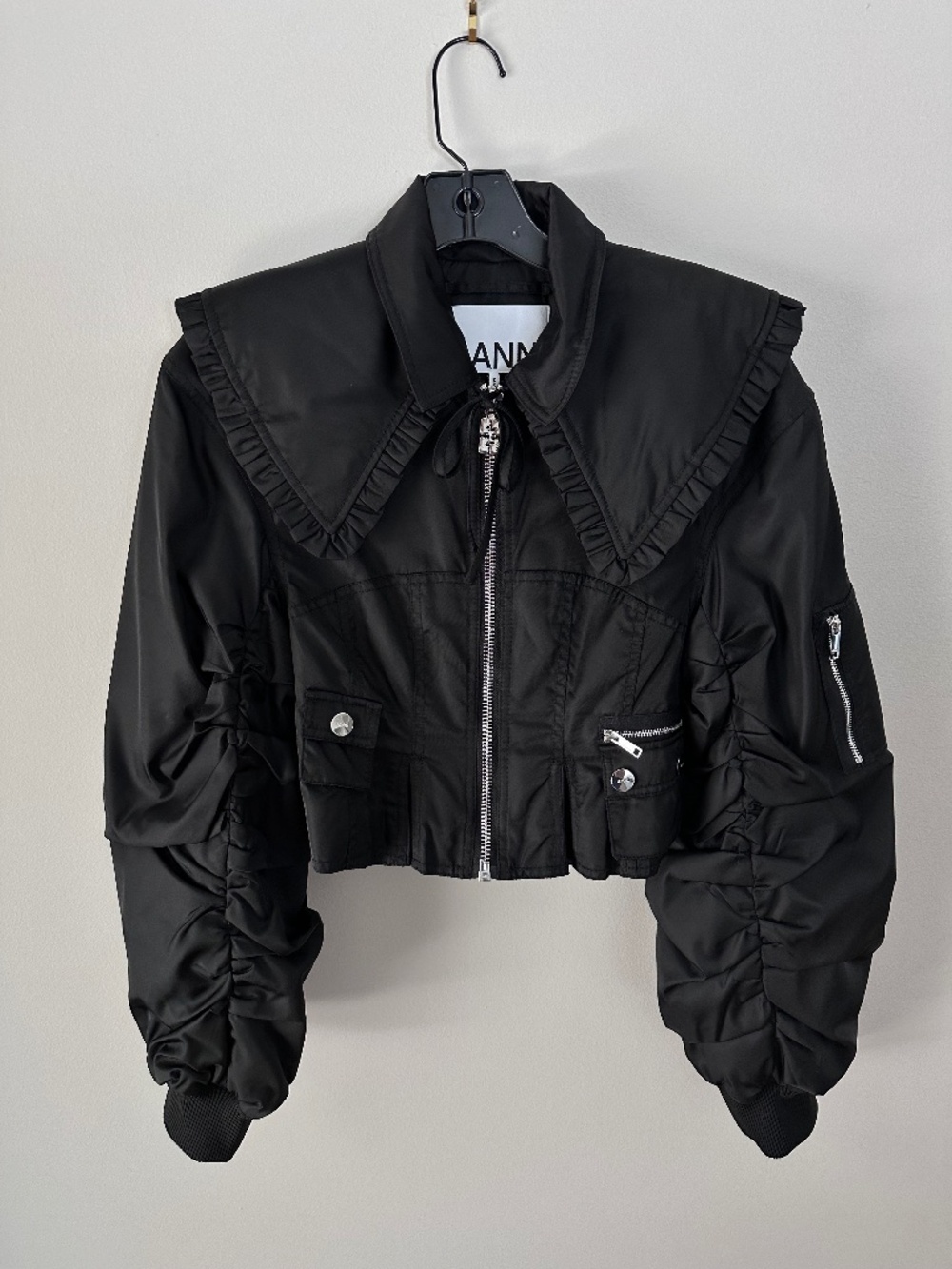 GANNI Duchesse Nylon Bomber Jacket with Removable Ruffle Collar - Size 34